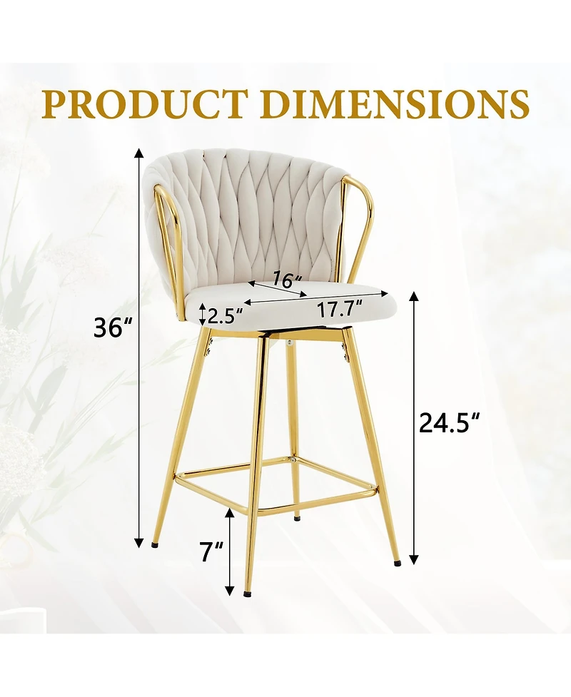 Rainsken Velvet Bar Stool set Swivel Counter Height Chairs with Metal Frame and Woven Rope Backrest for Kitchen Island
