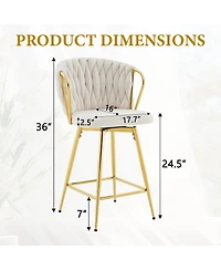 Rainsken Velvet Bar Stool set Swivel Counter Height Chairs with Metal Frame and Woven Rope Backrest for Kitchen Island