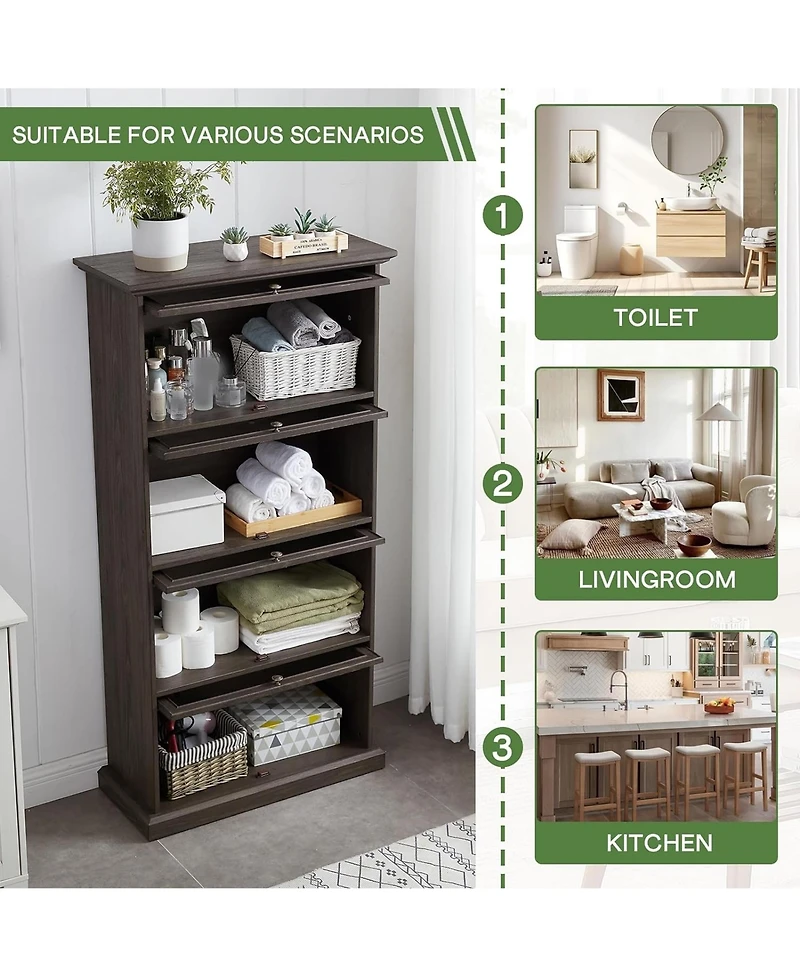 Rainsken Display Cabinet with 4 Flip up Glass Doors, 4-Tier Versatile Storage Organizer, Antique Bookcase for Living Room