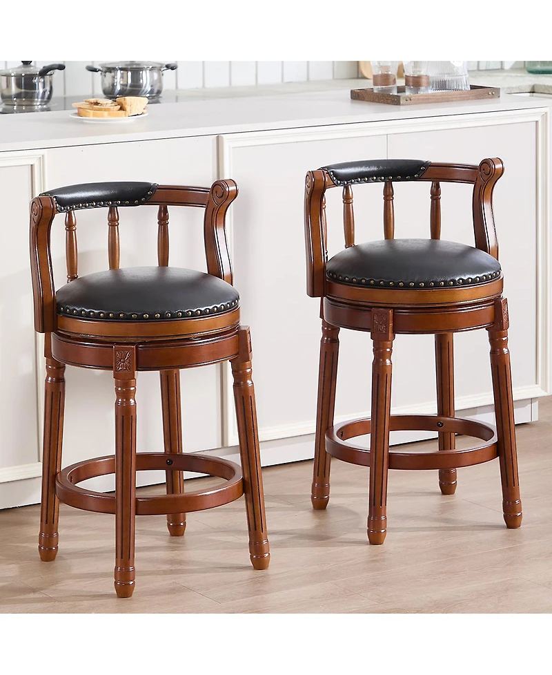 Clihome Seat Height Swivel Leather Wooden Bar Stools, 360 Degree Chair with Backs