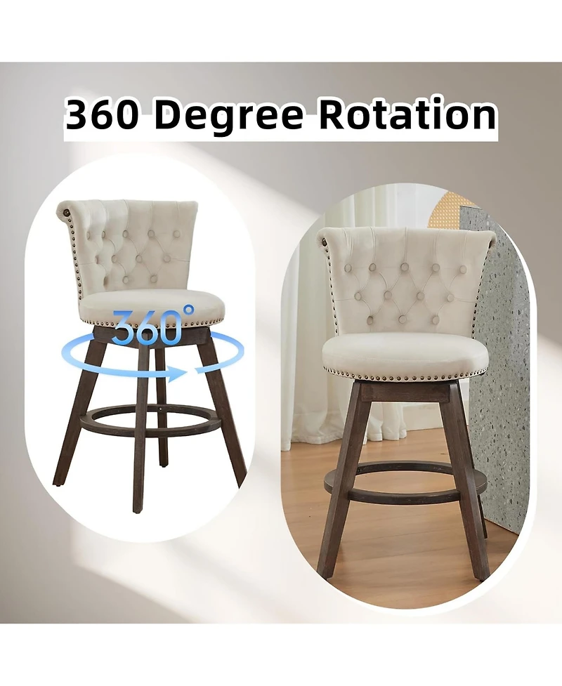 Rainsken 360° Swivel Bar Stools Set of 2, Velvet Counter Height Chairs with Curved Backrest, Nailhead Trim and Solid Wood Legs for Kitchen Island