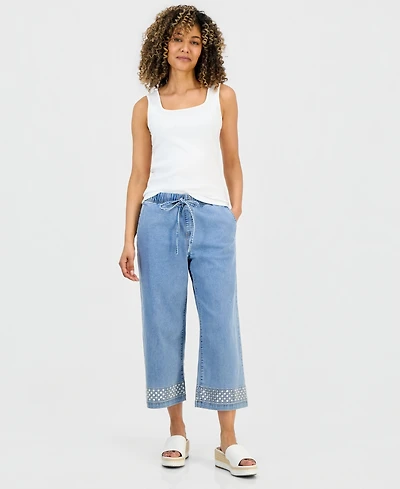 Style & Co Petite High-Rise Wide-Leg Embellished Jeans, Macy's Exclusive