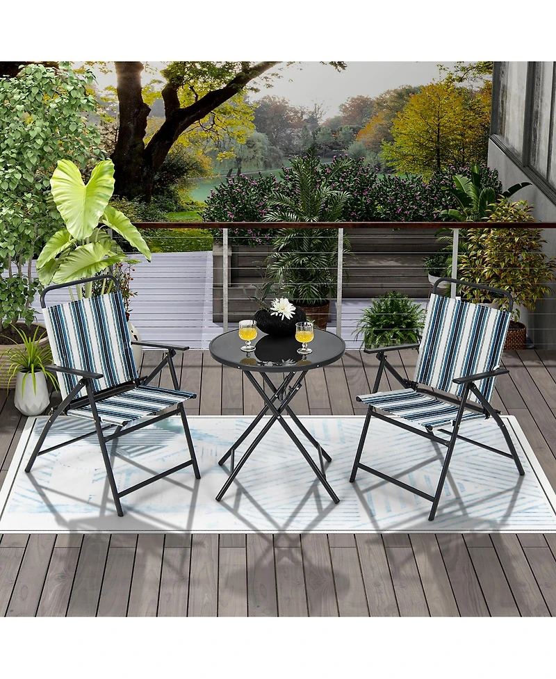 Gymax 3 Pieces Patio Folding Chair Set w/ 2 Chairs and Glass Round Coffee Table Porch Deck Backyard