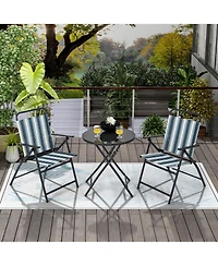 Gymax 3 Pieces Patio Folding Chair Set w/ 2 Chairs and Glass Round Coffee Table Porch Deck Backyard