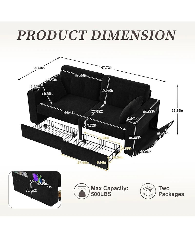 Rainsken Modern 2-Seater Chenille Couch, 67 Inch Loveseat Sofa with Usb Ports, Cup Holders, Storage and Solid Wood Frame for Living Room
