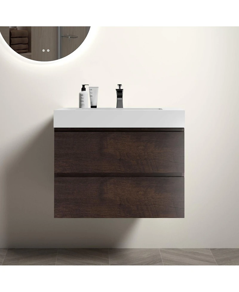 Thirtypeachy 30" Walnut Melamine Floating Vanity With Basin Sink, 3 Soft-Close Drawers Handle-Free, Pre-Assembled