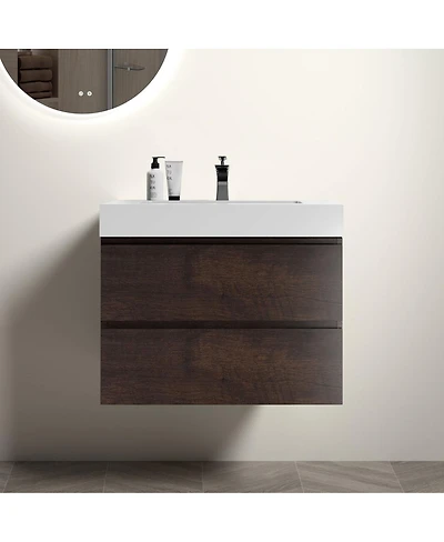 Thirtypeachy 30" Walnut Melamine Floating Vanity With Basin Sink, 3 Soft-Close Drawers Handle-Free, Pre-Assembled