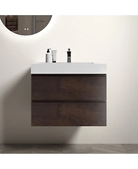 Thirtypeachy 30" Walnut Melamine Floating Vanity With Basin Sink, 3 Soft-Close Drawers Handle-Free, Pre-Assembled