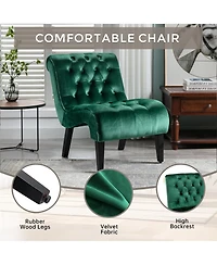 Rainsken Modern Velvet Accent Chair, Upholstered Fabric Button Reading Chaise with Tufted Back, Wooden Legs, Rolled Edge Design for Living Room