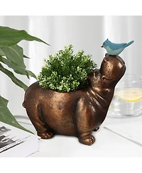LuxenHome Brown Hippo and Blue Bird MgO Flower Pot Planter