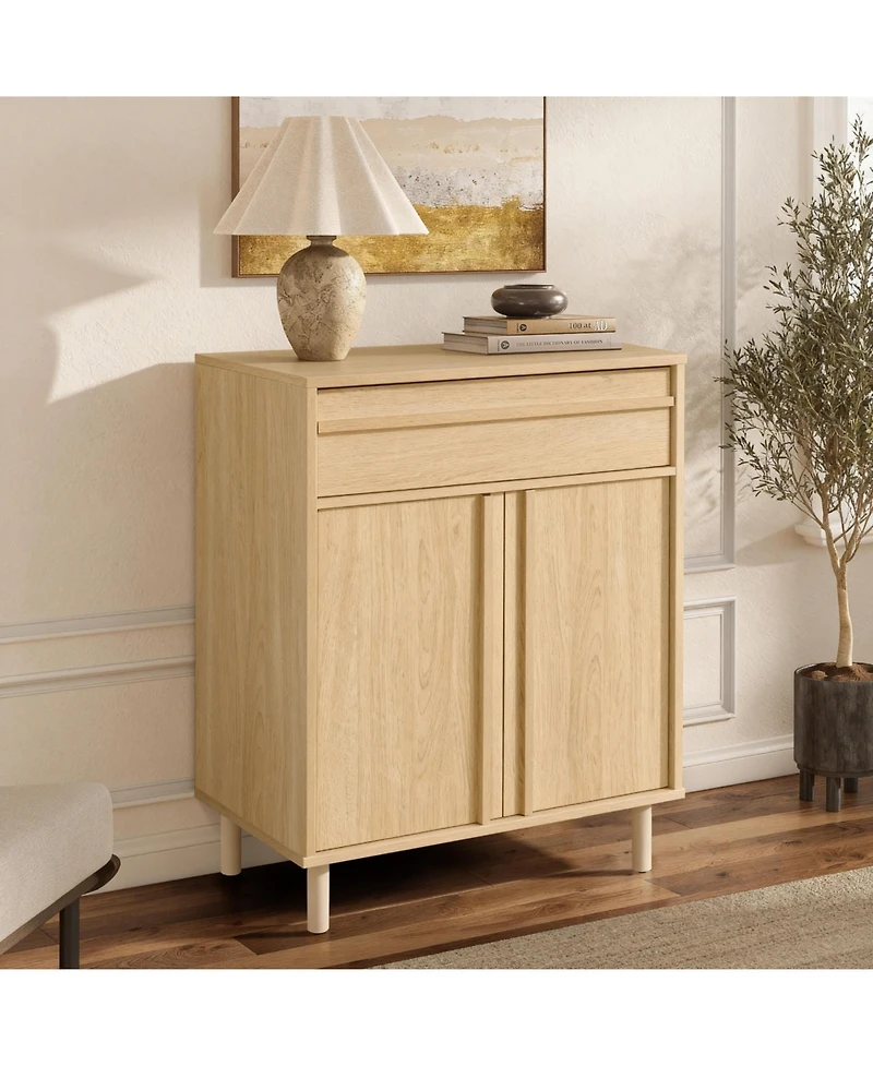 LuxenHome 31.5” Hazel Oak Manufactured Wood Storage Cabinet with Drawer and Rubberwood Legs