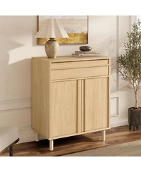 LuxenHome 31.5” Hazel Oak Manufactured Wood Storage Cabinet with Drawer and Rubberwood Legs