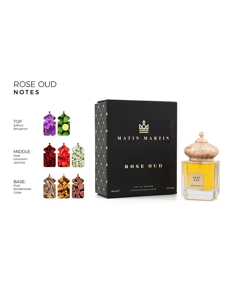 Matin Martin Fragrance Rose Oud – Long Lasting Unisex Perfume with Oriental Floral Notes of Rose & Oud – Travel Size 3.4 oz