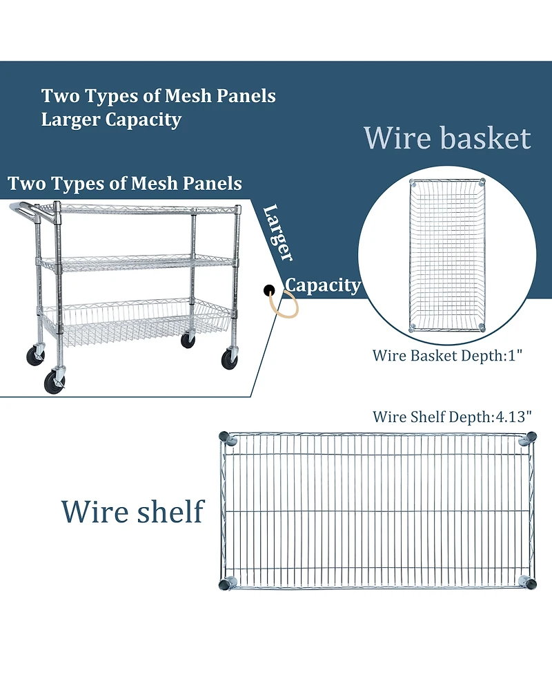 Rainsken Heavy Duty Rolling Utility Cart, 3 Tier Metal Kitchen Carts On Wheels with Handle Bar & Wire Shelf for Restaurant, Plant Display