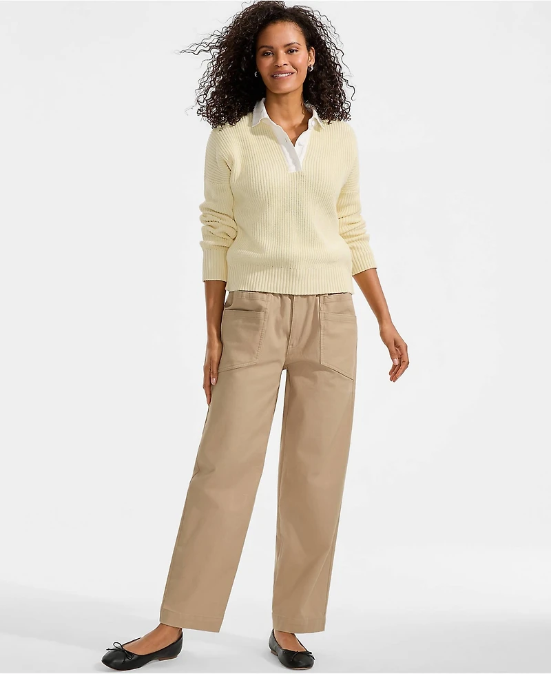 Lands' End Women's Herringbone Chino High Rise Relaxed Straight Drawstring Ankle Pants