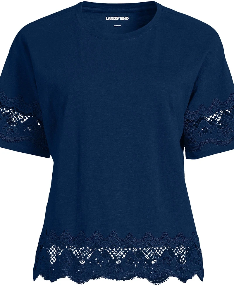 Lands' End Plus Short Sleeve Slub Jersey Cutwork T-Shirt