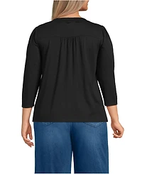 Lands' End Plus 3/4 Sleeve Slub V-neck Lace Trim Top