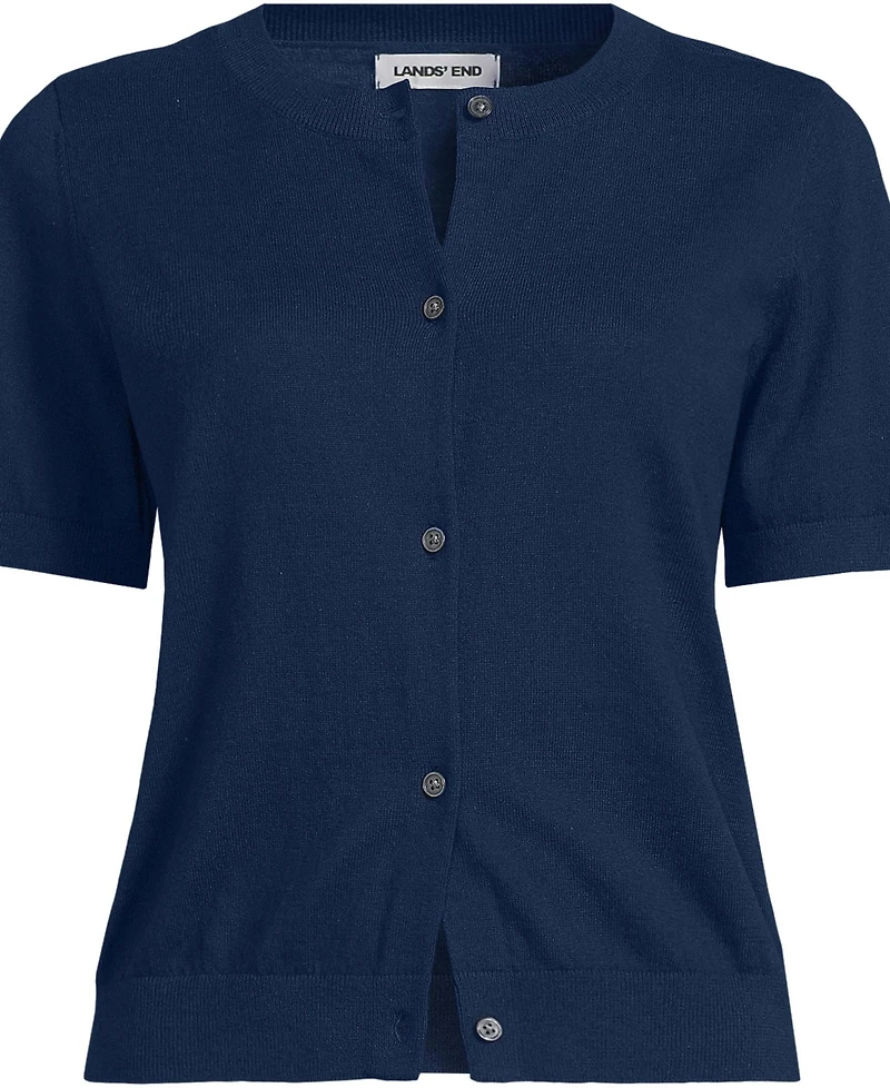 Lands' End Women's Cotton Short Sleeve Crew Neck Cardigan Sweater