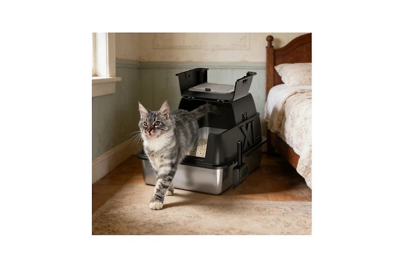 Zeus and Ruta Stainless Steel Cat Litter Box with Lid Xl 18 Inch Deep for Big Cats 180 Degree Flip Top Odor Free Anti Leak Scoop