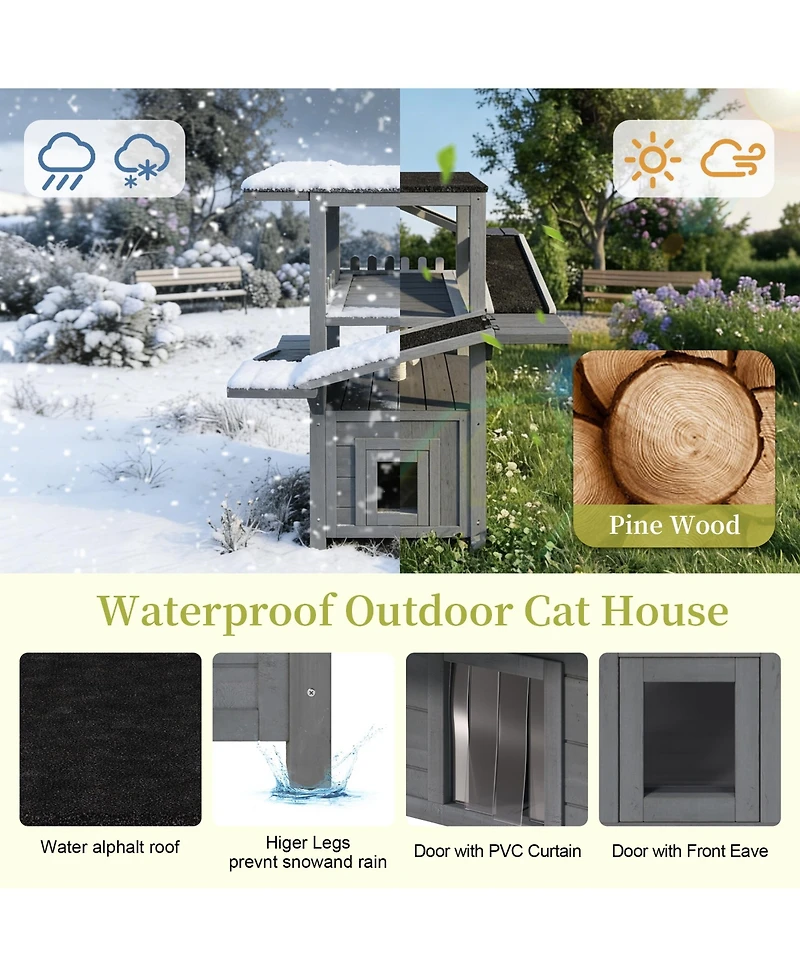 Zeus and Ruta 4 Tiers Outdoor Cat House Weatherproof Tree Tower With Waterproof Roof 2 Doors Multi Level Play
