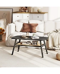 Slickblue Rectangular Coffee Table 2 Tier Rattan Shelf Rubber Wood Legs