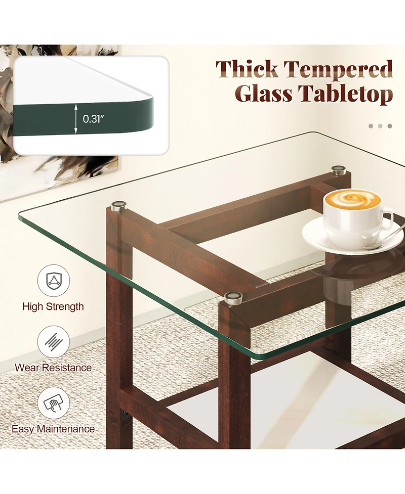 Slickblue Square Glass Coffee Table 2 Tier with Shelf Brown