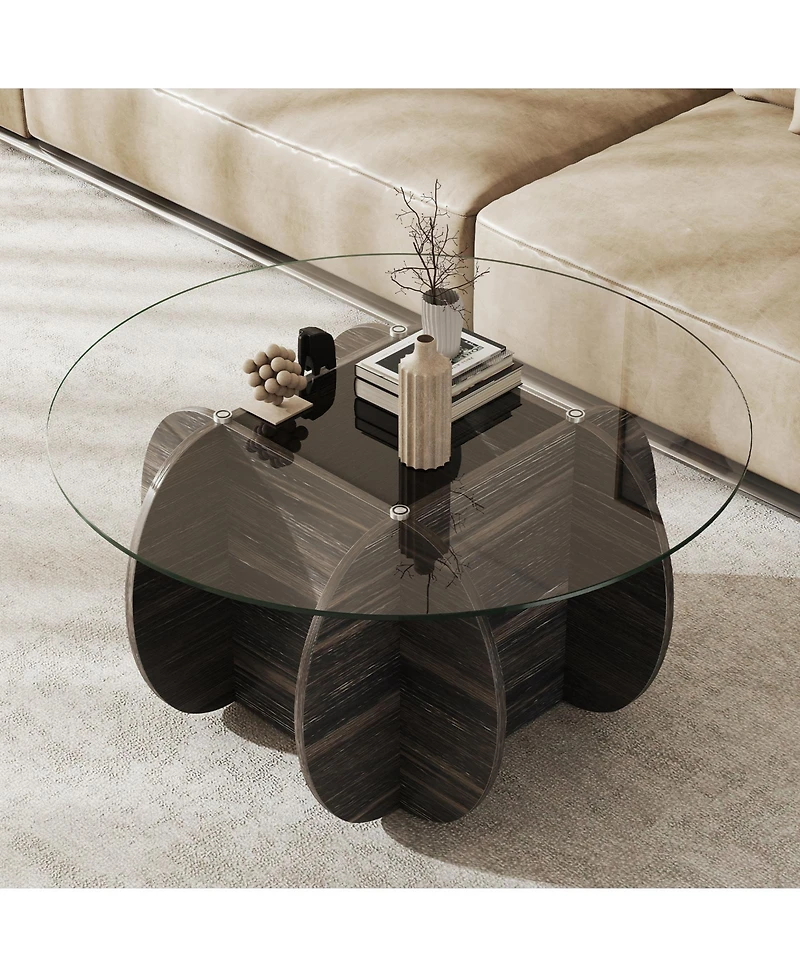 Slickblue Round Coffee Table Tempered Glass Wood Base