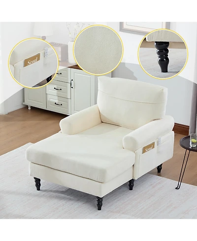 Rainsken Oversized Chaise Lounge Chair, Chenille Leisure Recliner Single Sofa with Wooden Legs and Side Pockets for Living Room, Bedroom