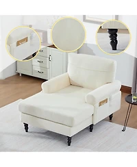 Rainsken Oversized Chaise Lounge Chair, Chenille Leisure Recliner Single Sofa with Wooden Legs and Side Pockets for Living Room, Bedroom