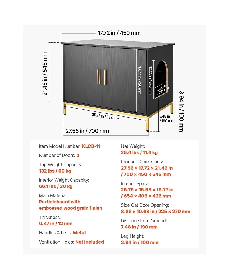 Aostirmotor 27.6" Hidden Cat Litter Box Enclosure Furniture with Metal Legs and Handle, Modern End Table, Fits Most Litter Boxes