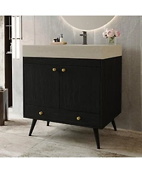 Sillysis 30" Freestanding Bathroom Vanity with Walnut Faux Marble Top, Ceramic Sink, Soft Close Storage for Small Bathrooms