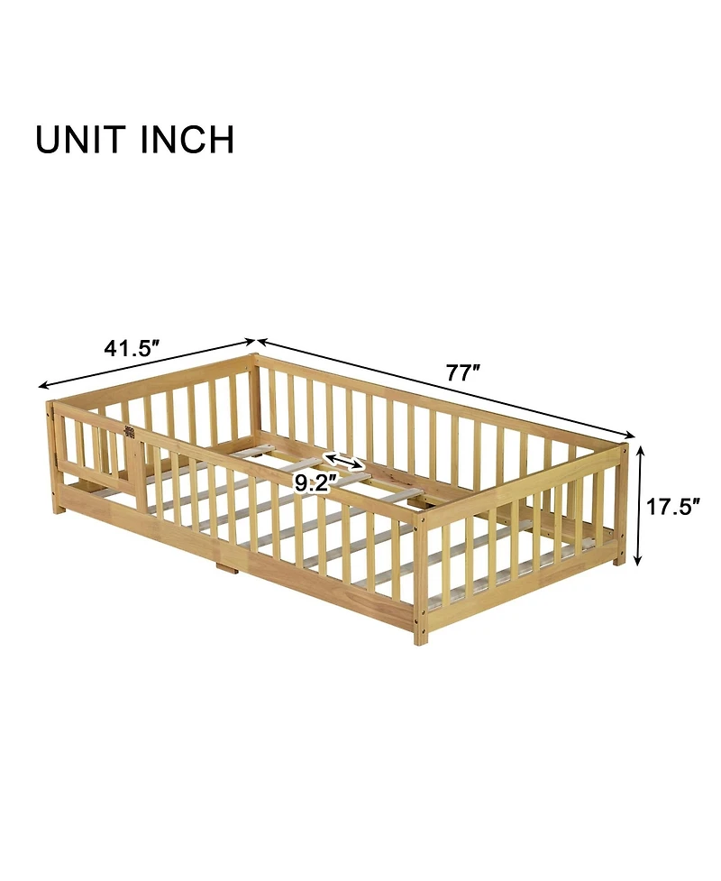 Clihome Twin Size Floor Bed with Fence and Door,Rubber Wood Floor Bed with Safety Guardrails