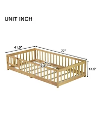 Clihome Twin Size Floor Bed with Fence and Door,Rubber Wood Floor Bed with Safety Guardrails