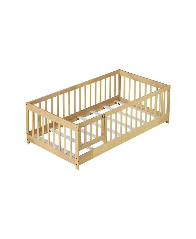 Clihome Twin Size Floor Bed with Fence and Door,Rubber Wood Floor Bed with Safety Guardrails