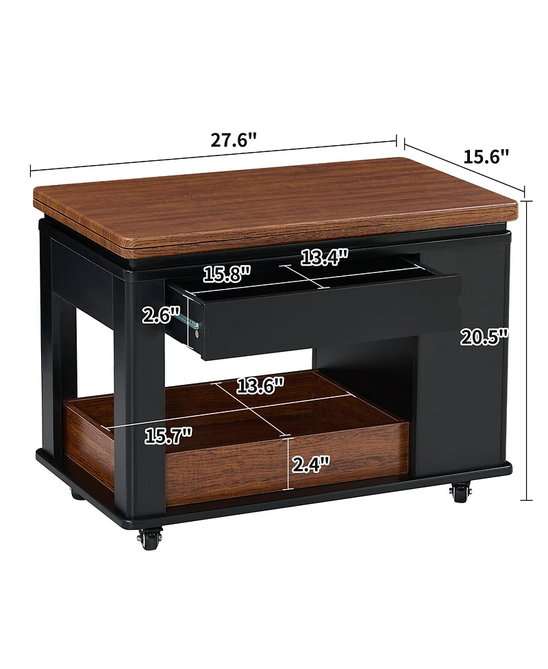 Rainsken Modern Coffee Table, Multi-Tier Storage Side Table with Foldable Top and Casters, Center Table for Living Room