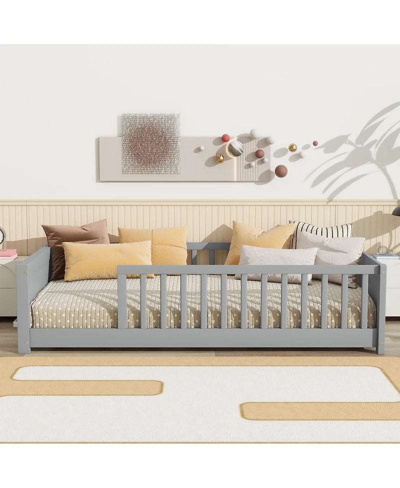 Clihome Twin Floor Platform Bed with Built-in Book Rack