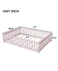 Clihome Full Floor Bed with Fence and Door,Rubber Wood Safety Guardrails