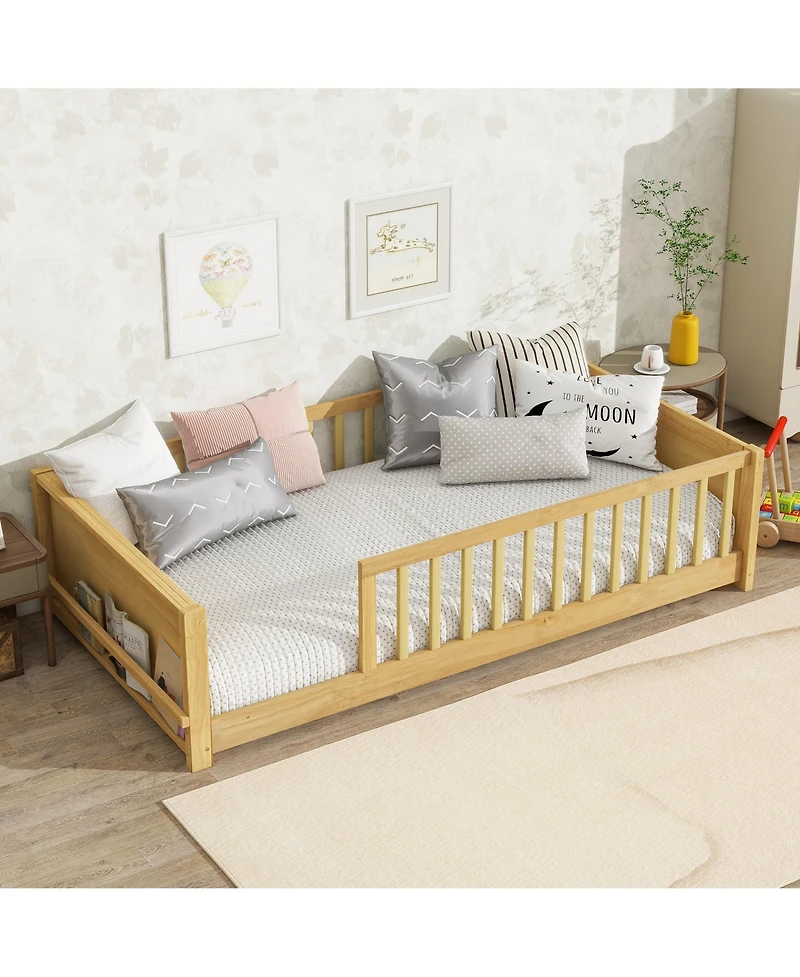 Clihome Twin size Floor Platform Bed with Built-in Book Rack