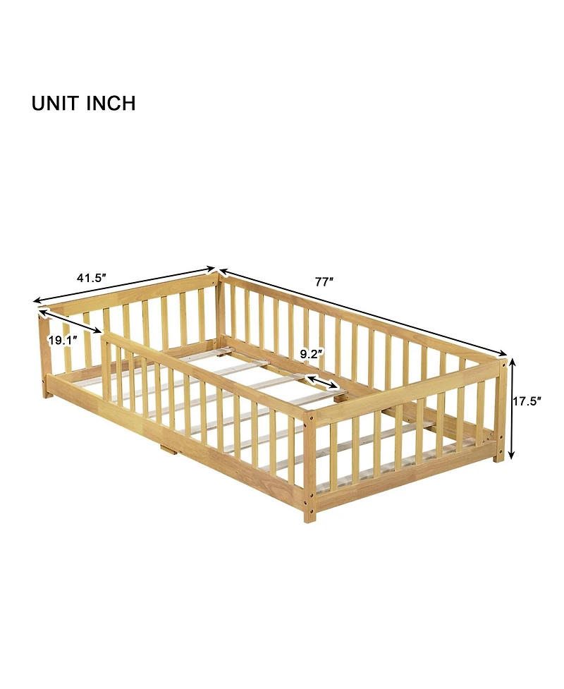 Clihome Twin Size Floor Bed with Fence without Door, Rubber Wood Floor Bed with Safety Guardrails