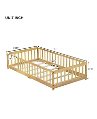 Clihome Twin Size Floor Bed with Fence without Door, Rubber Wood Floor Bed with Safety Guardrails