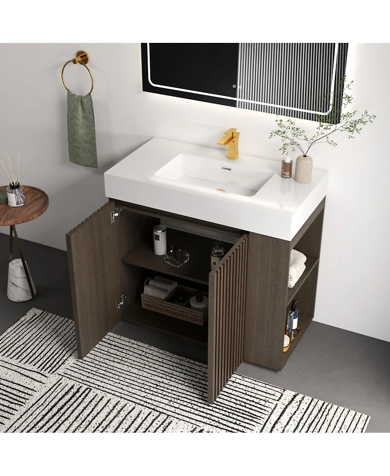 Sillysis Modern Bathroom Vanity with Quartz Sink, Soft-Close Doors, Open Shelf Storage, Winston Walnut Mid-Century Fluted Cabinet