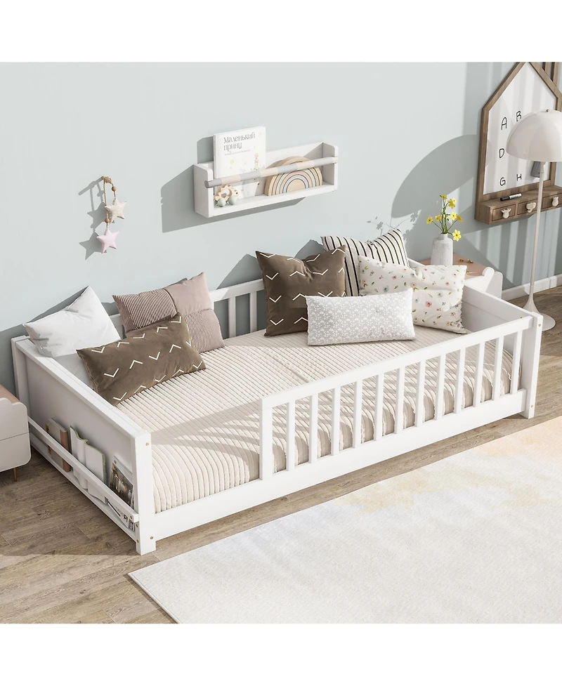 Clihome Twin Floor Platform Bed with Built-in Book Rack