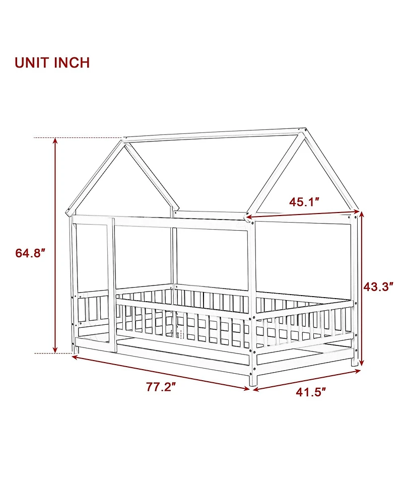 Clihome Twin Size House Floor Wooden Bed with Roof Frame,Safety Guardrails