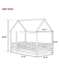 Clihome Twin Size House Floor Wooden Bed with Roof Frame,Safety Guardrails