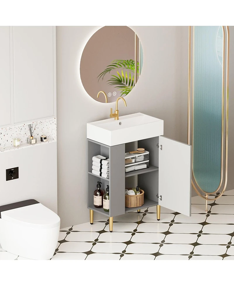 Sillysis Small Bathroom Vanity with Ceramic Sink, Modern Wood Base, Soft Close Door and Open Shelves for Compact Spaces