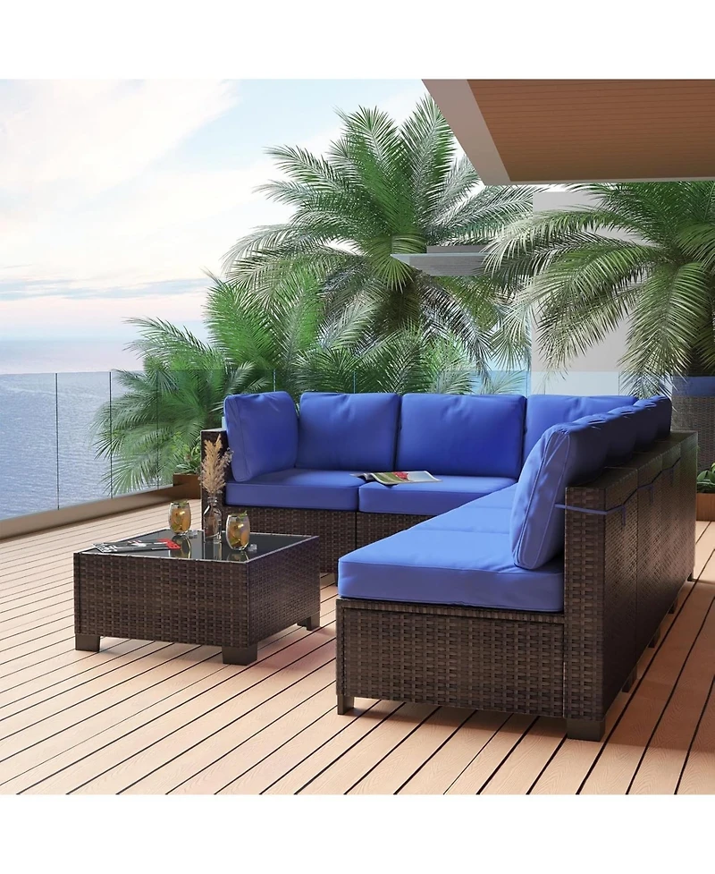 gaomon 7-Piece Rattan Wicker Outdoor Sofa Set with Cushions & Coffee Table, All-Weather Furniture for Garden, Porch & Poolside