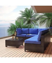 gaomon 7-Piece Rattan Wicker Outdoor Sofa Set with Cushions & Coffee Table, All-Weather Furniture for Garden, Porch & Poolside