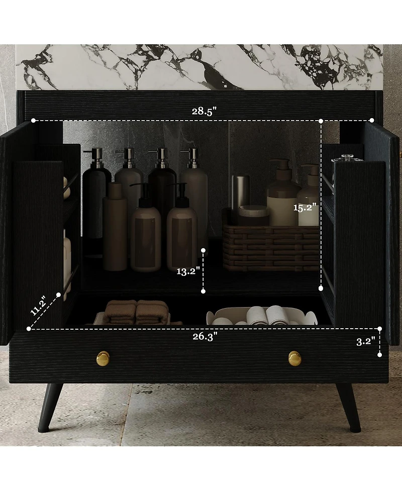 Sillysis 30" Freestanding Bathroom Vanity with Walnut Faux Marble Top, Ceramic Sink, Soft Close Storage for Small Bathrooms