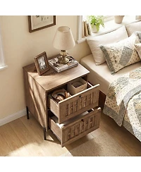Gymax Nightstand w/2 Woven Storage Drawers Metal Support Legsfor BedroomRustic Oak