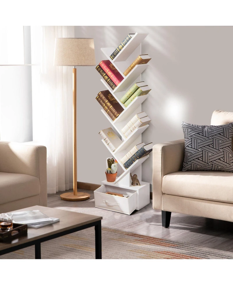Gouun 10-Tier Tree-Shaped Bookshelf with Fabric Drawer